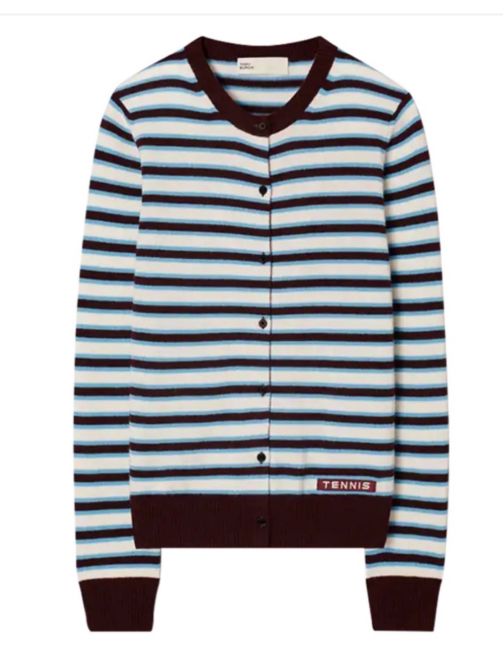 Tory Burch Blue, White & Black Striped Knit Cardigan
